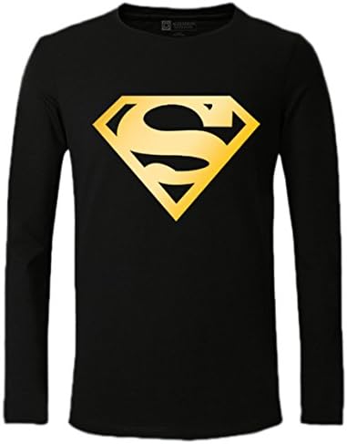 Men Fashion Movie Theme Superman Golden Logo Print Long Sleeve T-shirt