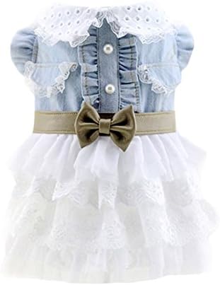 Sunlilee Small Dog Denim Lace Dress Pet Puppy Cat Bow Tutu Skirt Party Dress,Medium