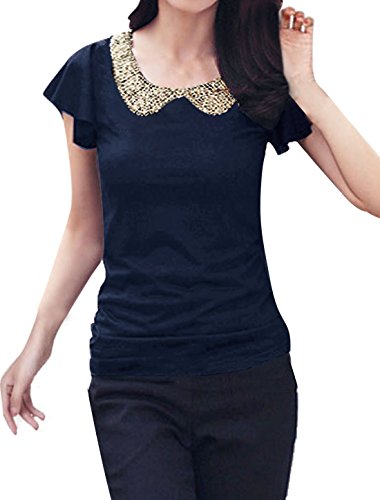 Allegra K Women Sequin Peter Pan Top Summer Slim Fit T Shirts