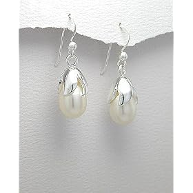 Freshwater Cultured Pearl Leaf Drop Earrings in Sterling Silver - Gems Couture