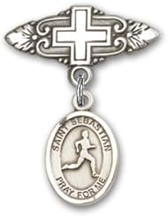 Sterling Silver Baby Badge with St. Sebastian/Track & Field Charm and Badge Pin with Cross
