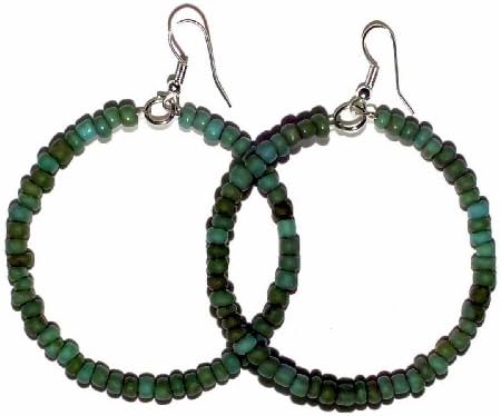 Lady Sedona Beaded Hoop Earrings Antique Turquoise Glass Beads 2 1/4 Inches Round
