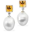 14K White Gold Paspaley South Sea Cultured Pearl and Citrine Earrings - 12.00mm