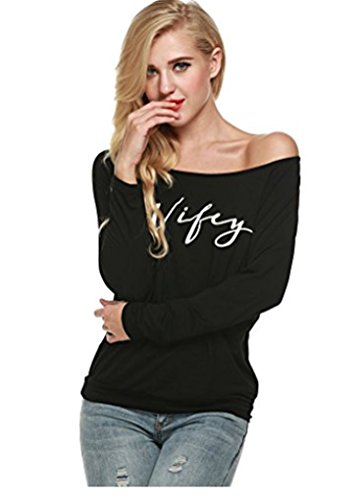 POGT Casual Long Sleeve T Shirt Women Loose Fit Wifey Print Slouchy Shirt Top