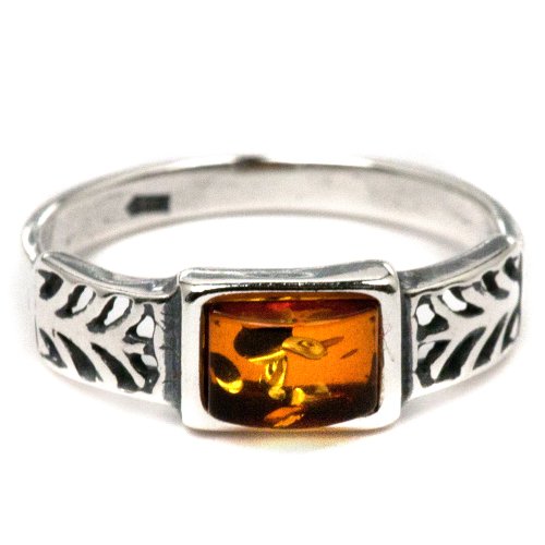 Sterling Silver Cognac Color Amber Rectangular Shape Stone Classic Ring