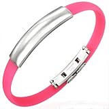 New Pink Rubber Bracelet With Plain Stainless Steel Plate And Release Clasp, Length 22cms.
