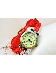 KANO BAK(TM) Red Color Bronze Women Ladies Weave Wrap Leather Retro Bracelet Bangle Quartz Gift Watch