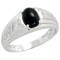 10k White Gold Men's Ring, w/ Brilliant Cut Diamonds & Cabochon Cut Oval-shaped (8x6mm) Black Onyx Stone, 3/8" (9mm) wide