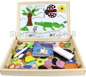 Multifunctional Wooden Jungle Animal Magnetic Puzzle Doodle Drawing Board Blackboard Learning & Education Toys for Children