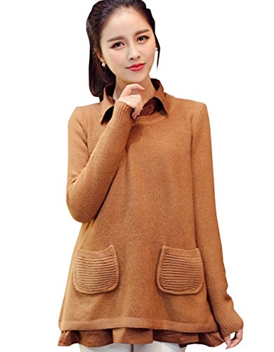 【ARINCO】 重ね着風 ニット ワンピース チュニック シャツ レディース 3色 選べる フルーサイズ