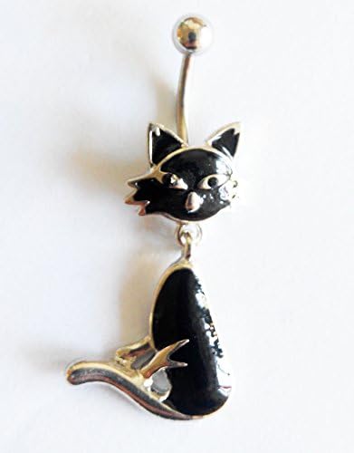 DANGLING BLACK CAT BELLY RING UNIQUE NAVEL BUTTON PIERCING JEWELRY