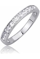 Sterling Silver 3mm Channel Set Princess Cut CZ Stackable Band Engagement Ring, Rhodium Plated