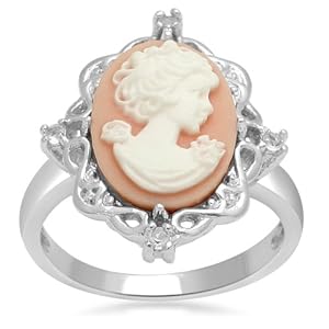 Sterling Silver Pink Cameo with Created White Sapphire Ring