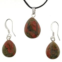 Unakite Faceted Pear Shaped Pendant and Earrings Set - Pendant - 13x17mm, Earrings - 11x14mm - Adjustable Cord Necklace