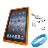 Silicone Skin Orange Case for Apple iPad + Retractable USB Data Cable + Wristband