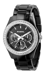 Fossil Women's ES2157 Black Resin Bracelet Black Glitz Analog Dial Multifunction Watch