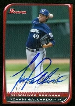 Yovani Gallardo Autographed/Hand Signed MLB Baseball Card (Milwaukee Brewers) 2008 Bowman #124