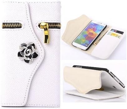 Ezydigital Luxury Zipper Leather Flip Wallet Hybrid Case With Rose Leather Case Cover For Samsung Galaxy S5,White
