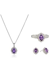 Sterling Silver Oval Amethyst Ring, Pendant Necklace and Earrings Diamond Box Set