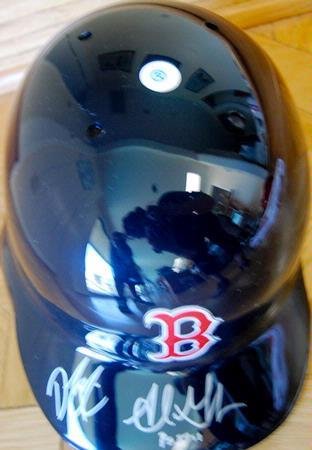 Boston Red Sox Dustin Pedroia & Adrian Gonzalez Autographed / Signed Batting Helmet - Autographed MLB Helmets and Hats