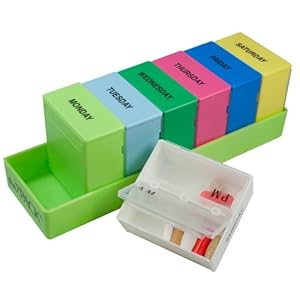7 Day Pill Box Organizer 2 Deep Compartments Made in the USA Color of Tray May Vary Green or Clear