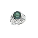 14k White Gold, Diamond & Tahitian Black Pearl Ring (0.43ctw)- Sizes 6-8