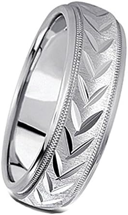 5 Millimeters 18k White Gold Traditional Fit Wedding Band Ring with Wheat Leaves Design