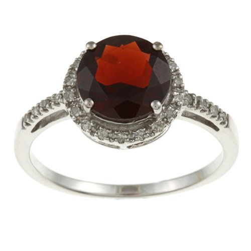 10k White Gold Round Garnet and Diamond Ring (1/8 TDW)