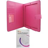 GTMax Hot Pink Durable Carrying Folio Wallet Leather Cover Case with Credit Card holder + Clear Crystal LCD Screen Protector For HP TouchPad Tablet