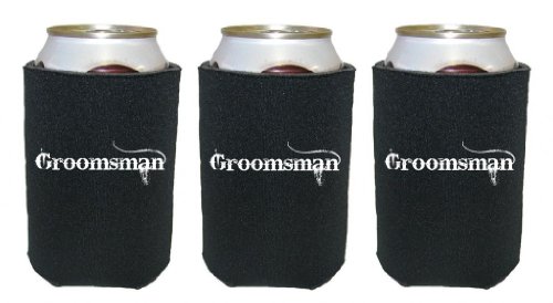 Mashed Mugs – Groomsman (White Distressed Print) – 3-Pack Collapsible Scuba Foam Can Coolers/Coolies (Black)