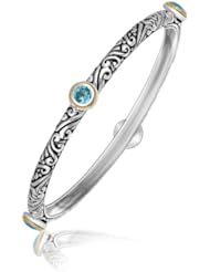 18K Yellow Gold and Sterling Silver Fancy Bangle with Round Blue Topaz Stations