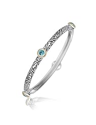 18K Yellow Gold and Sterling Silver Fancy Bangle with Round Blue Topaz Stations