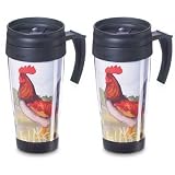 Set of 2 Country Rooster Chicken Commuter Mug Cup by Jed Mart