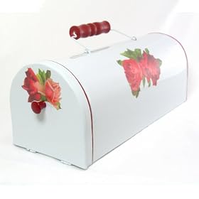 Chic Shabby Bread Box ~ White Retro Enamel w Red Trim Embellished with Decoupage Old Vintage Roses... by Knobs & More Home D�cor