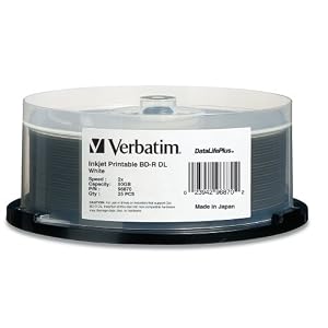 Verbatim 96870 DataLifePlus 50 GB 2x Blu-ray Double-Layer Recordable White Inkjet Printable Disc BD-R DL, 25-Disc Spindle