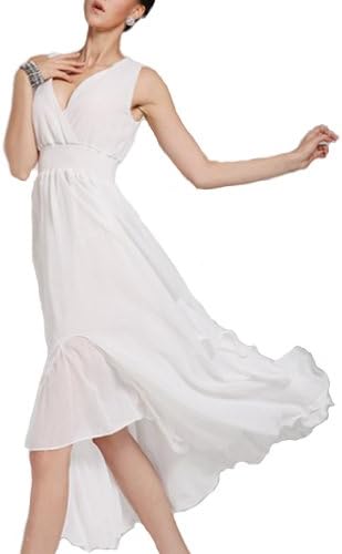 clothing Bohemian V Neck Chiffon Cocktail Long Beach Dress Sundress White Size L