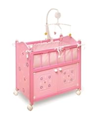 From Amazon.com. Click for details:
 Toy: Badger Basket Blossoms And Butterflies Doll Crib With Cabinet Bedding And Mobile - Pink/Purple - Badger Basket Toy: Badger Basket Blossoms And Butterflies Doll Crib With Cabinet Bedding And Mobile - Pink/Purple - Badger Basket