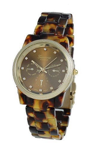 Geneva Chronograph Look Watch with Crystals Faux Tortoise Closed Band with Gold Trim Picture