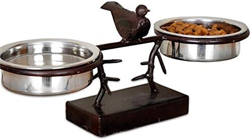 Small Rustic Wrought Iron Cat and Dog Double Feeder