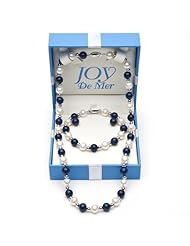 925 Sterling Silver Freshwater Pearl White, Blue and Sterling Silver Beads Necklace, Bracelet and Earrings Set