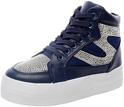 XIAXIAN Patent Leather And Canvas Rhinestone Round Toe Lacing Style Shoes(7.5 B(M) US, Blue)