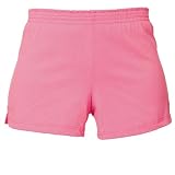 Pink solid color exercise sport shorts for women and girls. Covered elastic waist & vents.