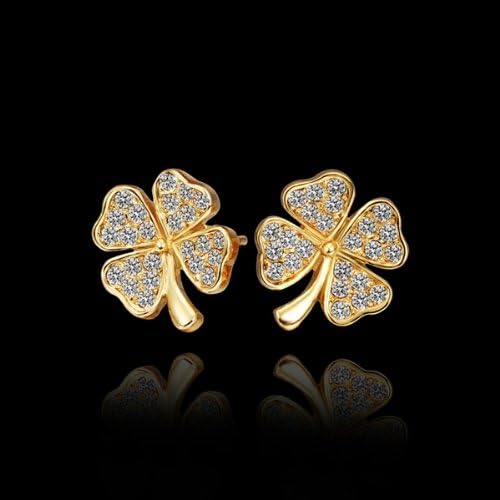 DUMAN 18K Gold Plated Earrings White Crystals Clover Stud Earrings Health Jewelry Nickel Free