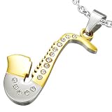 New Men's Stainless Steel 2-Tone Saxaphone Pendant With CZ Stones & Chain - Length 50cms