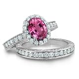 Vintage Inspired Natural Pink Sapphire Diamond Engagement Wedding Ring Bridal Set 18k White Gold Halo Ring (G, SI1, 2.41 cttw), 8x6mm, Certified Vintage Inspired Natural Pink Sapphire Diamond Engagement Wedding Ring Bridal Set 18k White Gold Halo Ring (G, SI1, 2.41 cttw), 8x6mm, Certified
