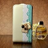 Purple and White Polka Dot and Lace Pattern Magnetic Leather Flip Case with Key, Pearl and Button Design For Apple iPhone 4S / 4 (AT&T, Verizon, Sprint)