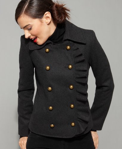 DKNY Coat, Ruffled Pea Coat Charcoal 