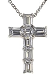 18k White Gold Emerald Cut Diamond Cross Pendant (4.32 cttw, E-F Color, VS1 Clarity), 16"