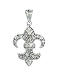 Sterling Silver Fleur de Lis Pendant w/ Cubic Zirconia Stones, 13/16 in. (21mm) tall