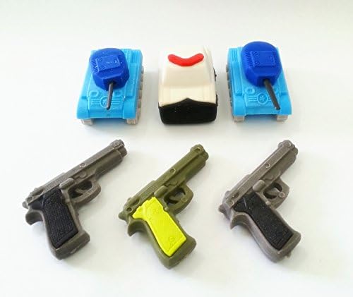 6 of Assorted Puzzle Erasers Pistol Gun Tank Police Car Fun Erasers